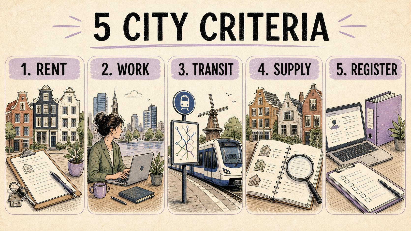 Five city criteria for comparing Dutch rentals: rent, work, transit, supply and registration