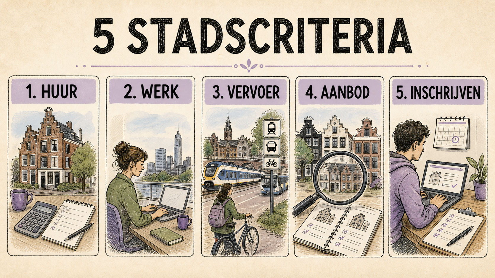 Vijf stadscriteria: huur, werk, vervoer, aanbod en inschrijven