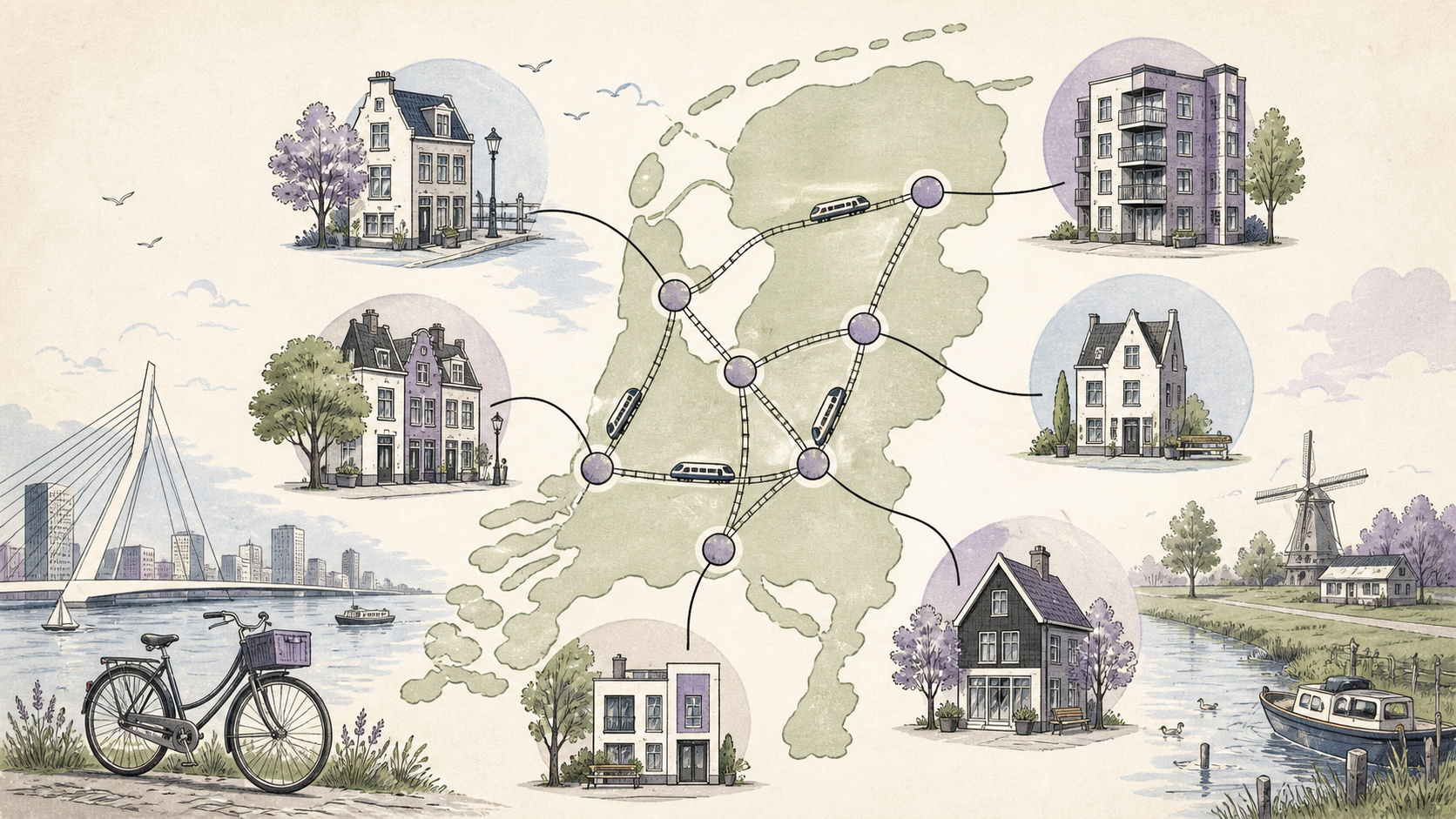 Redactionele illustratie van een huurder die Nederlandse steden vergelijkt met woningen, spoorlijnen, fiets en kaart