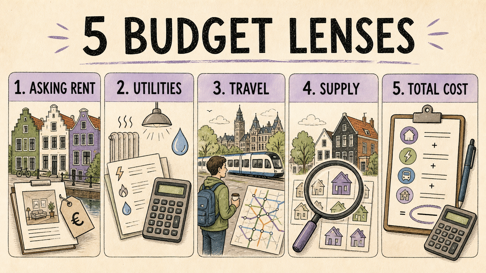 Five budget lenses for a cheapest-city list: asking rent, utilities, travel, supply and total cost