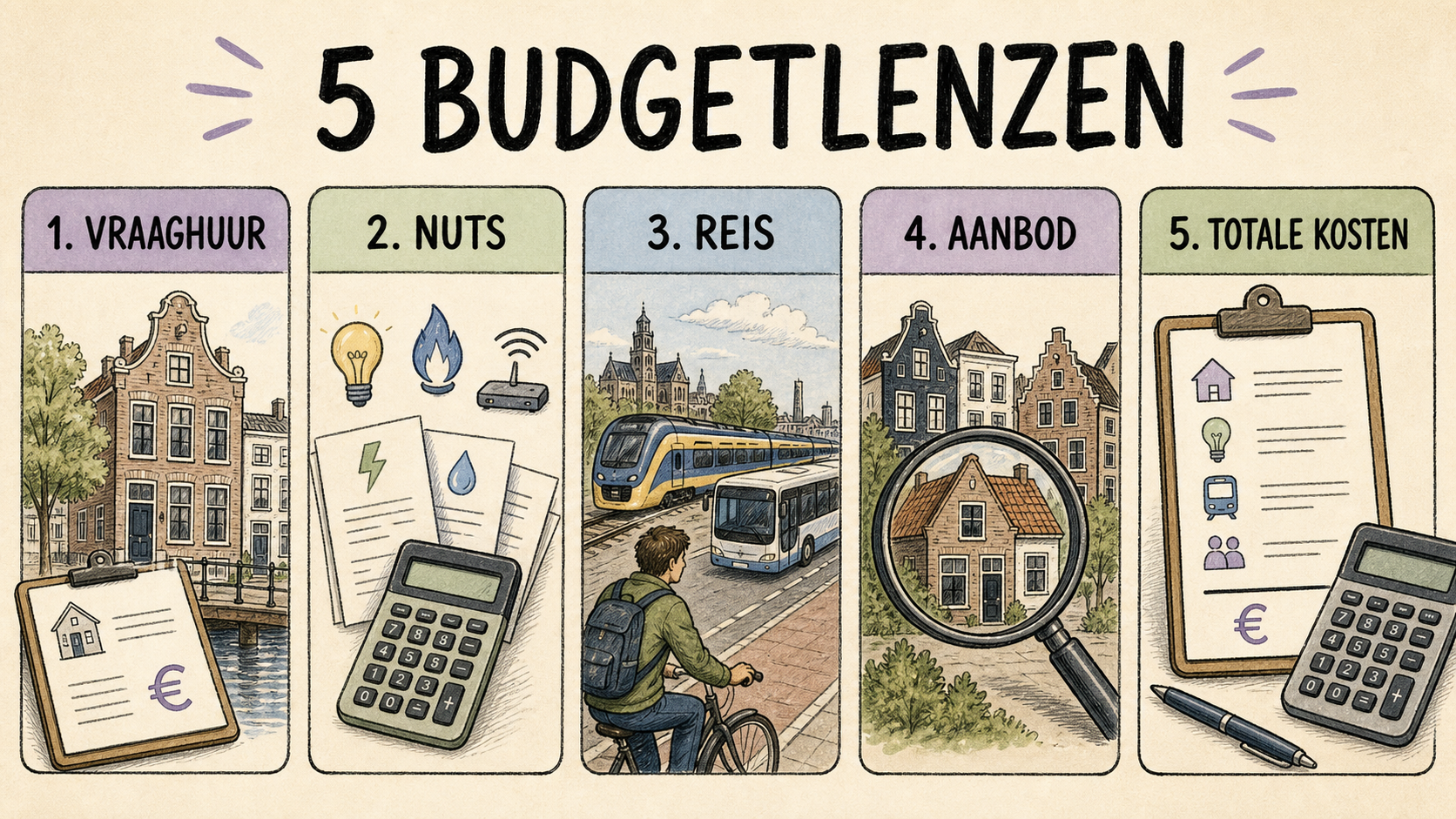 Vijf budgetlenzen: vraaghuur, nuts, reis, aanbod en totale kosten