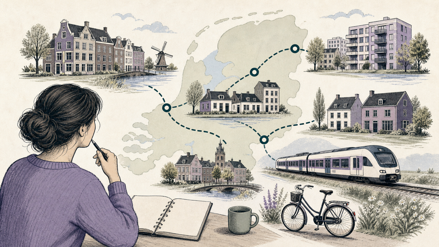 Redactionele illustratie van Nederlandse huursteden gerangschikt op woonkosten met woningen, munten, trein en zoekroute