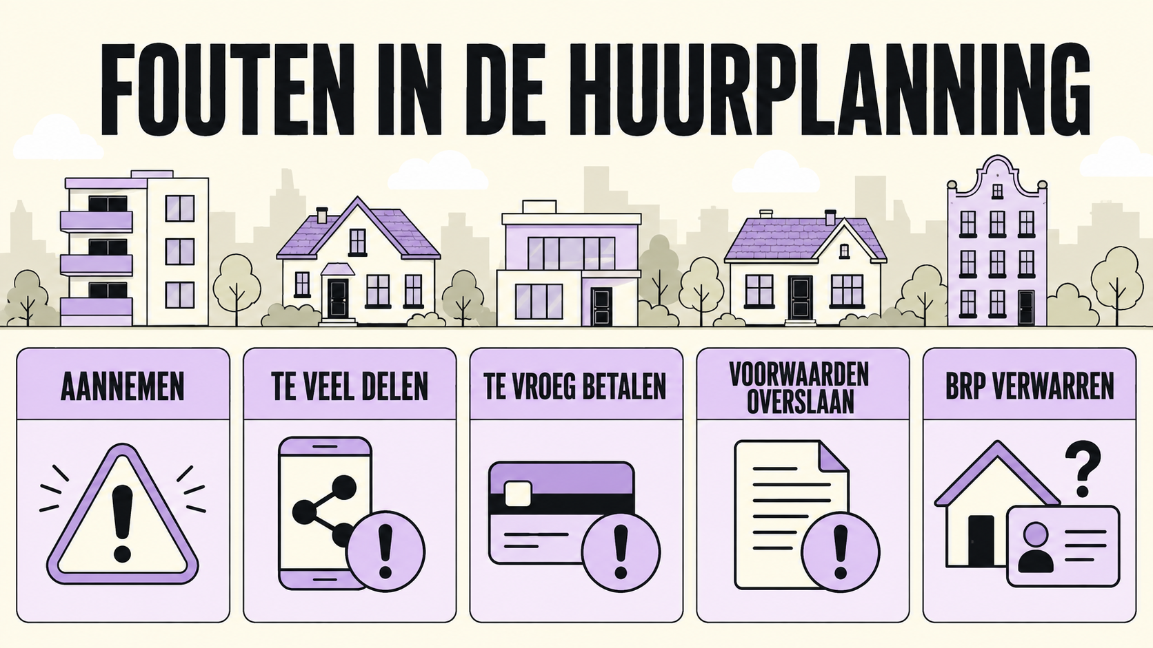 Vijf waarschuwingen in een Nederlandse huurplanning: aannemen, te veel delen, te vroeg betalen, voorwaarden overslaan en BRP verwarren