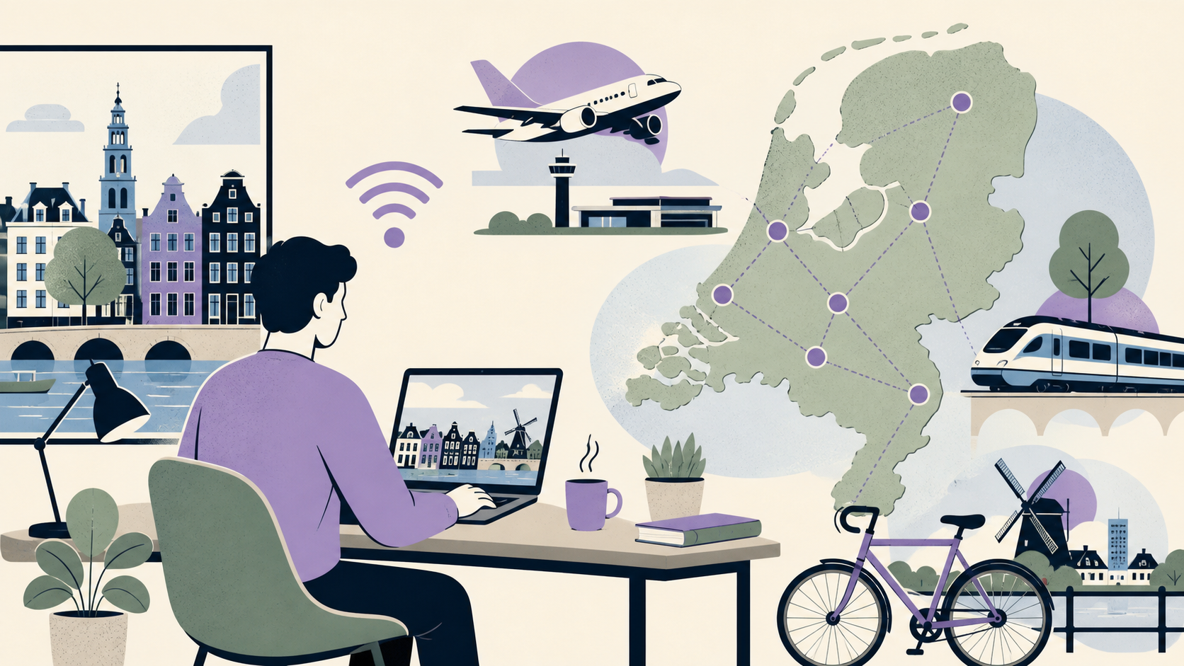 Redactionele illustratie van een remote worker met laptop naast een kaart van Nederland, wifi-signaal en stadsmarkeringen