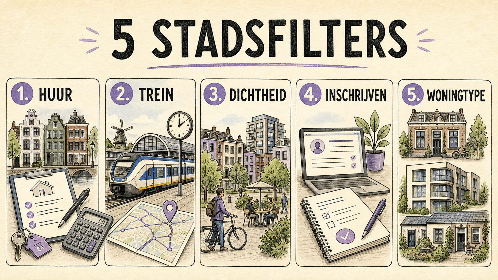 Vijf stadsfilters voor een shortlist: huur, trein, dichtheid, inschrijven en woningtype