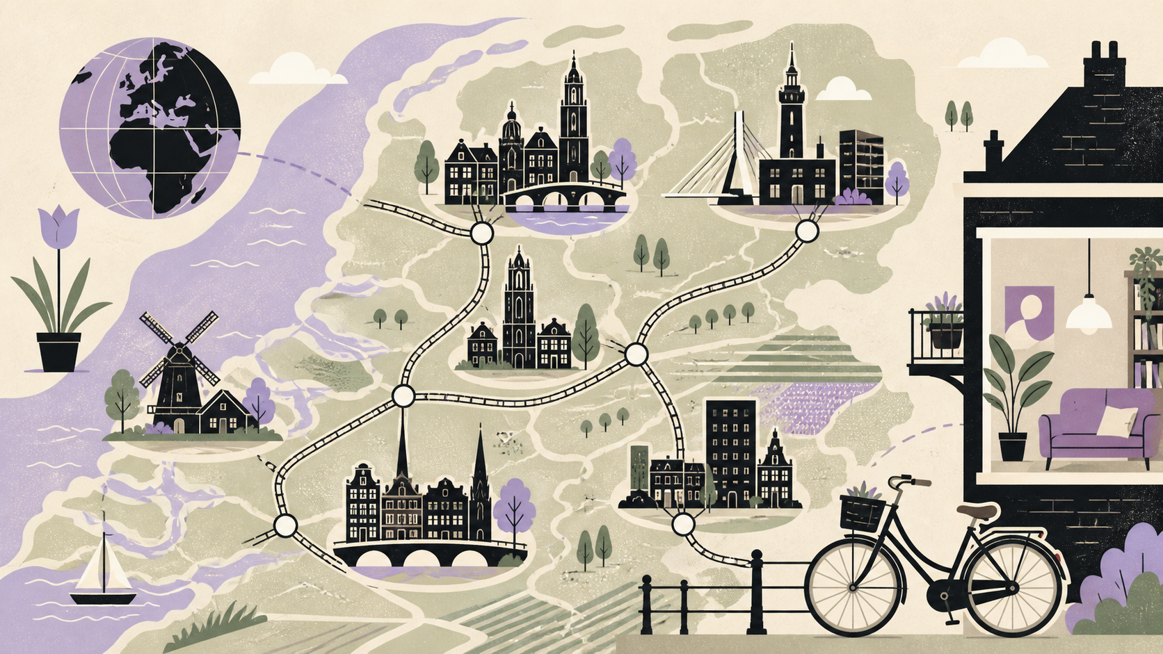 Illustratie van een Nederlandse stadskaart met verbonden stadsbeelden, spoorlijnen, fiets en woning