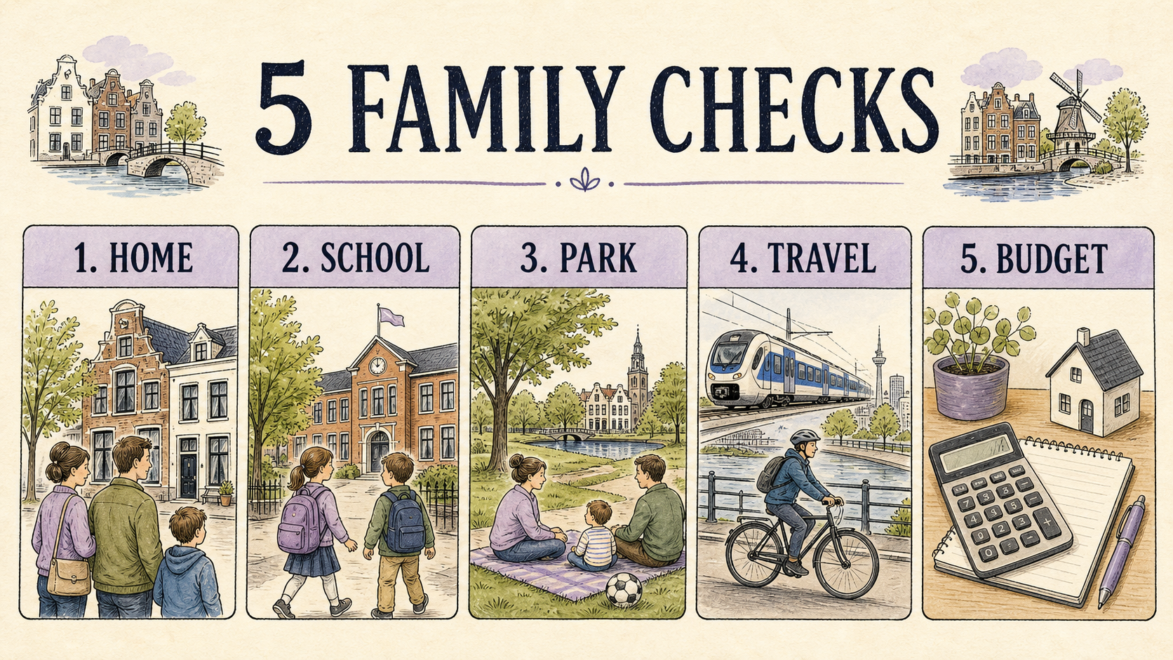 Five family rental checks: home, school, park, travel and budget