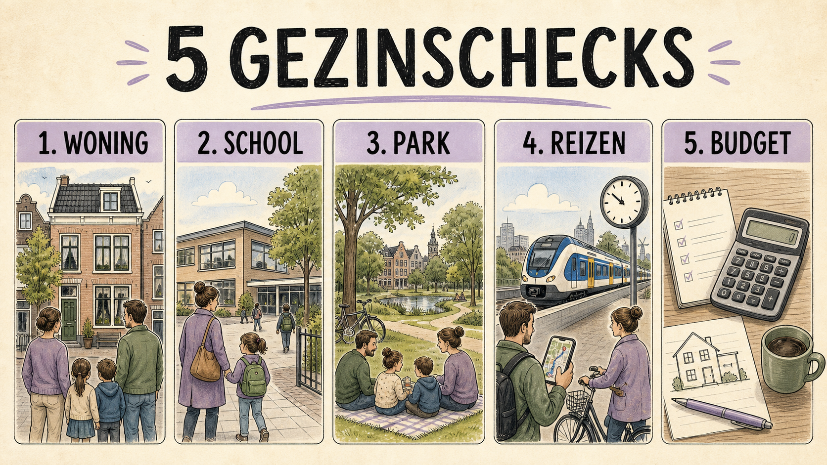 Vijf gezinschecks: woning, school, park, reizen en budget