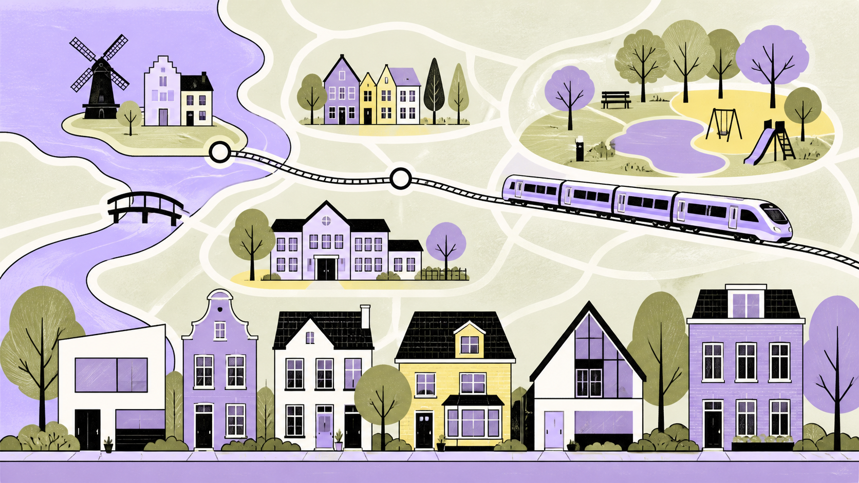 Redactionele illustratie van Nederlandse huurwoningen die via een trein, groen, een school en een stadskaart verbonden zijn