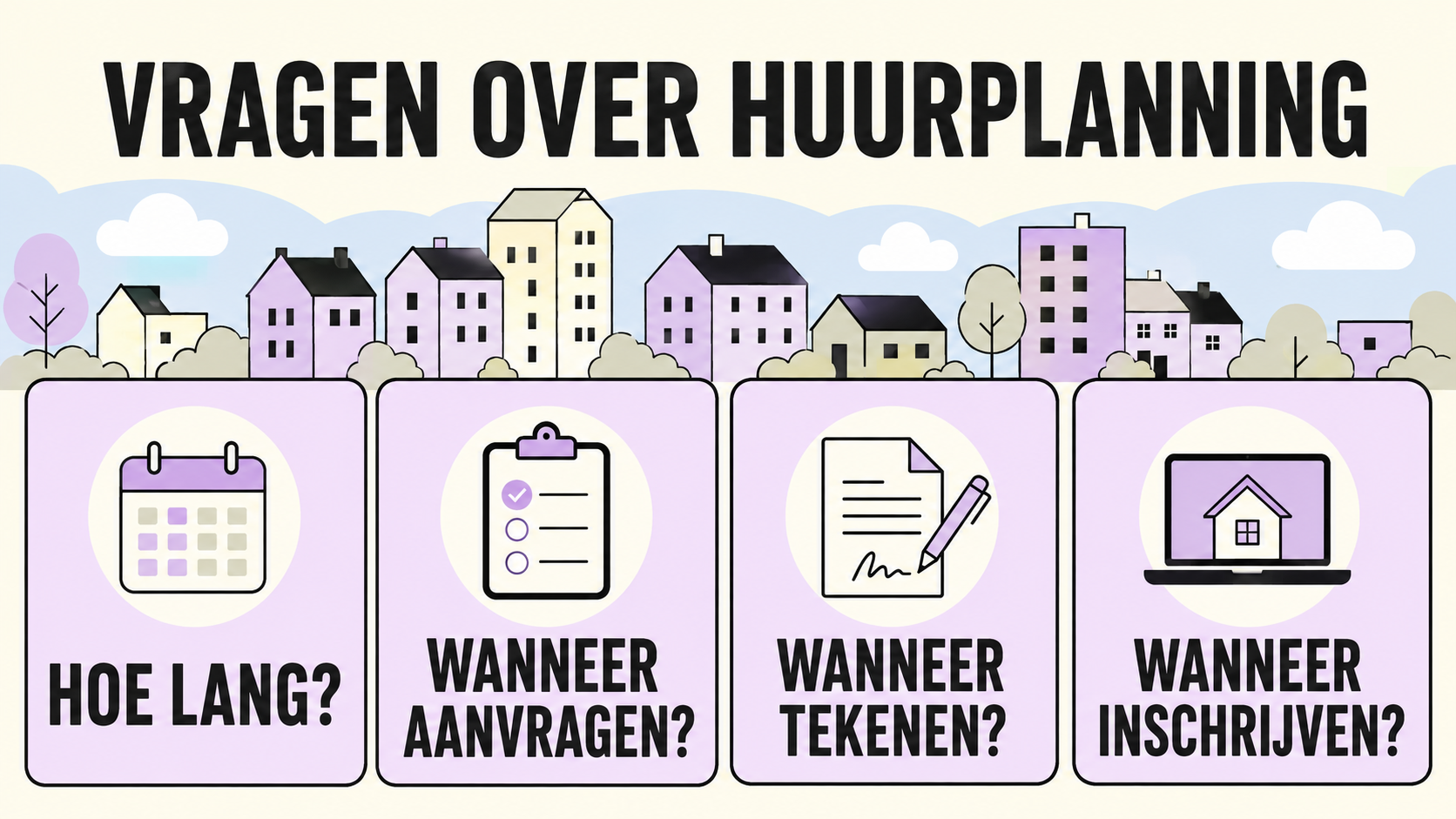 Vier praktische vragen over een Nederlandse huurplanning: hoe lang, wanneer aanvragen, wanneer tekenen en wanneer inschrijven