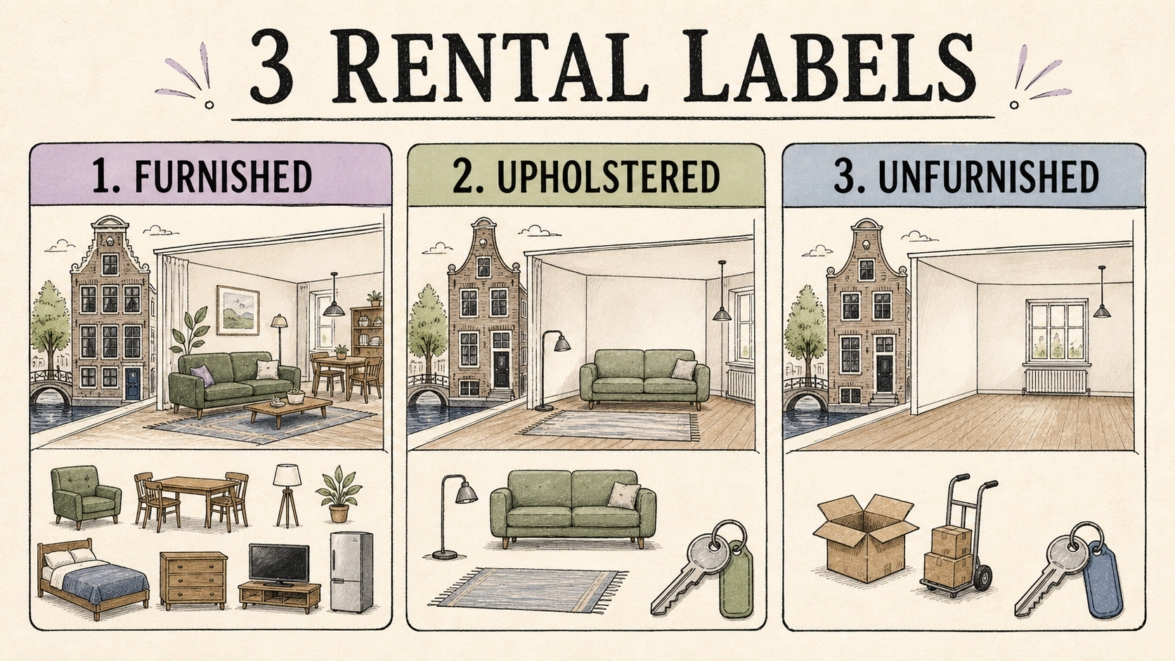 Three rental labels: furnished, upholstered and unfurnished