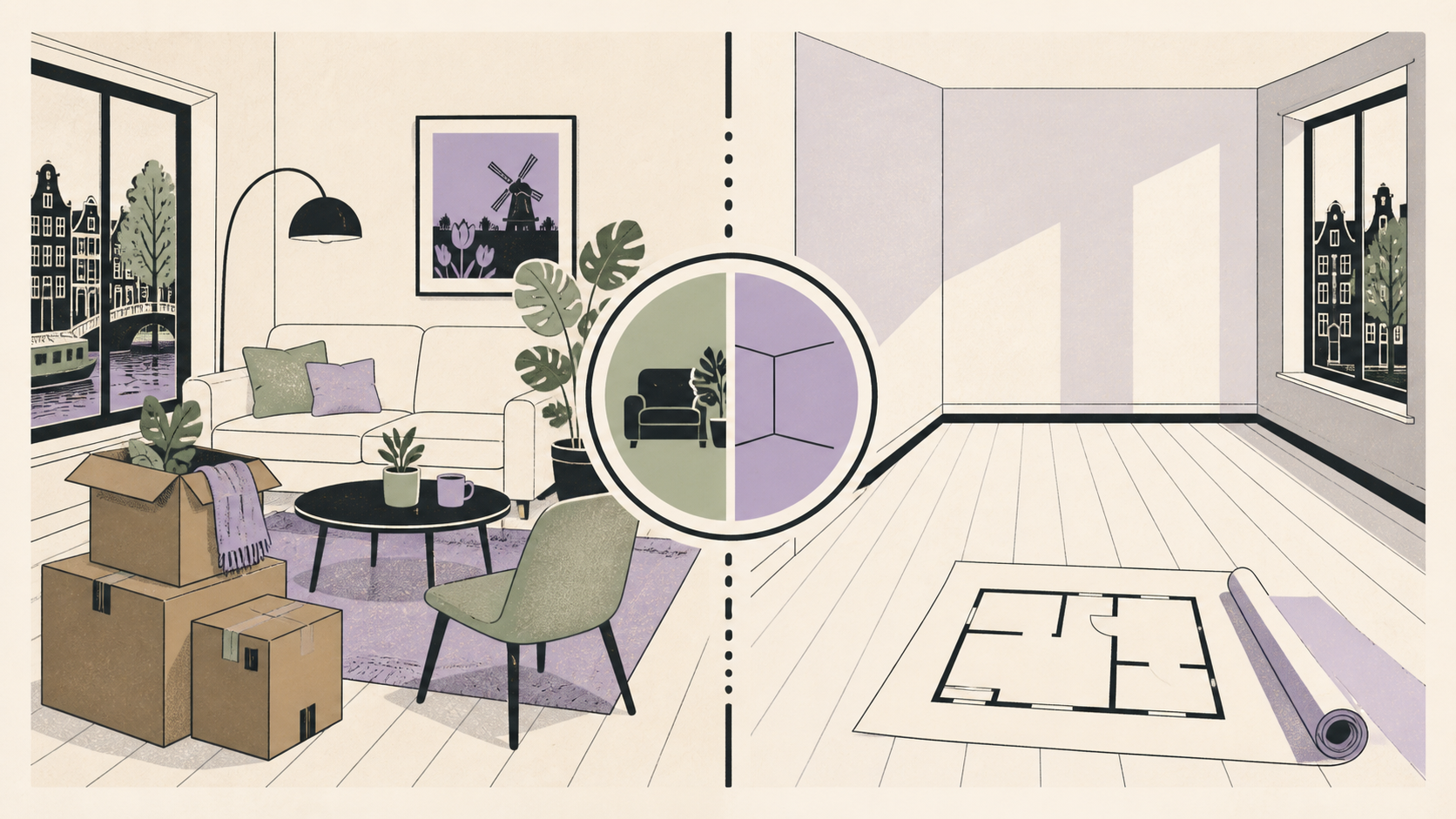 Illustratie van een ingerichte kamer met verhuisdozen naast een lege huurkamer