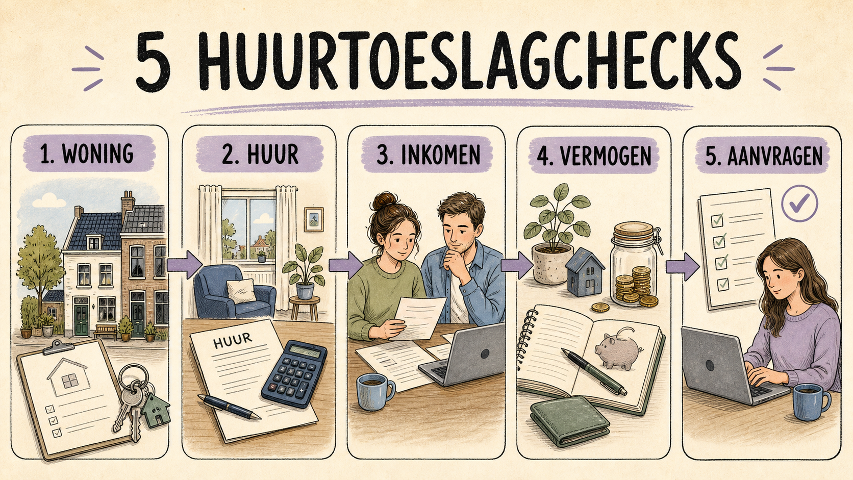 Vijf huurtoeslagchecks: woning, huur, inkomen, vermogen en aanvragen
