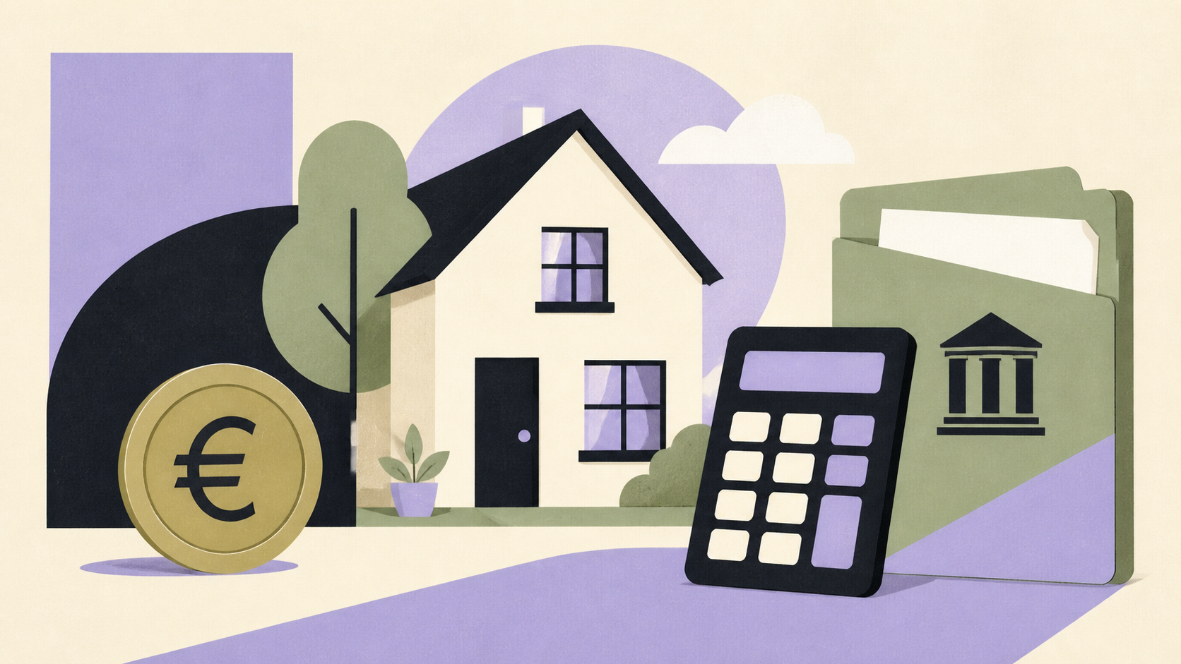 Illustratie van een huurwoning met euro, rekenmachine en map voor huurtoeslag