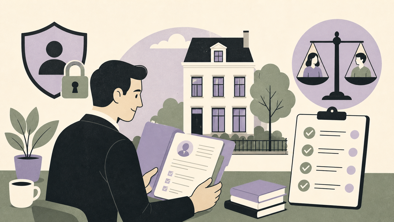 Illustratie van een verhuurder met huuraanvraag, privacyschild en eerlijke checklist