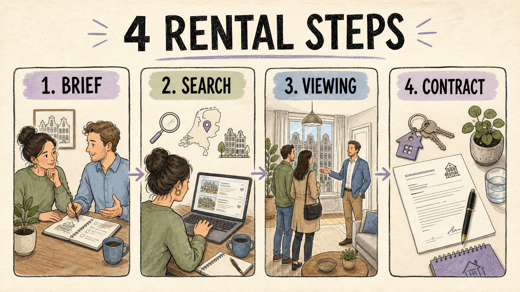 Four rental-agent steps: brief, search, viewing and contract