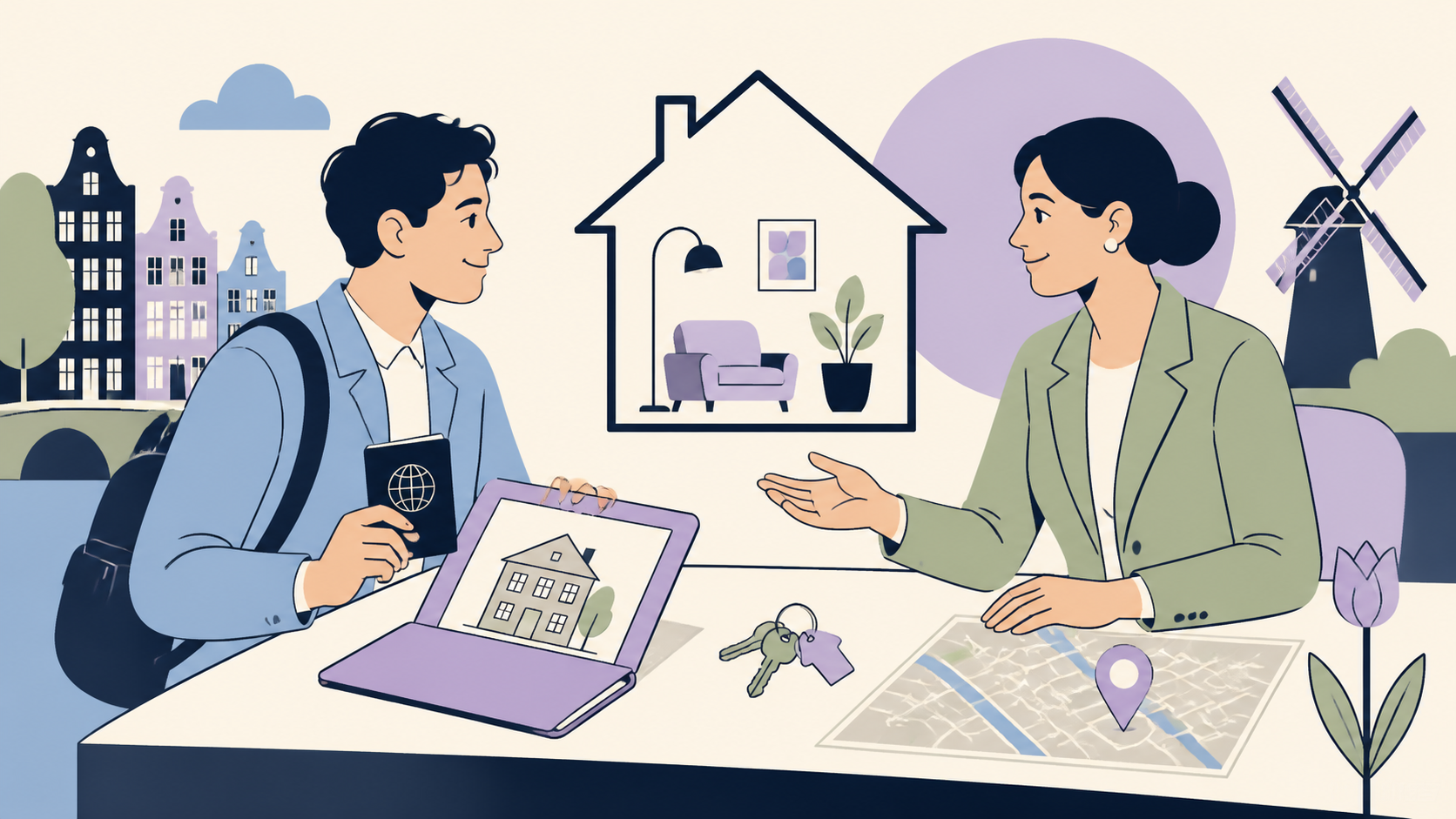 Redactionele illustratie van een expat die met een Nederlandse woonadviseur een huurwoning, contract, kaart en sleutels bekijkt