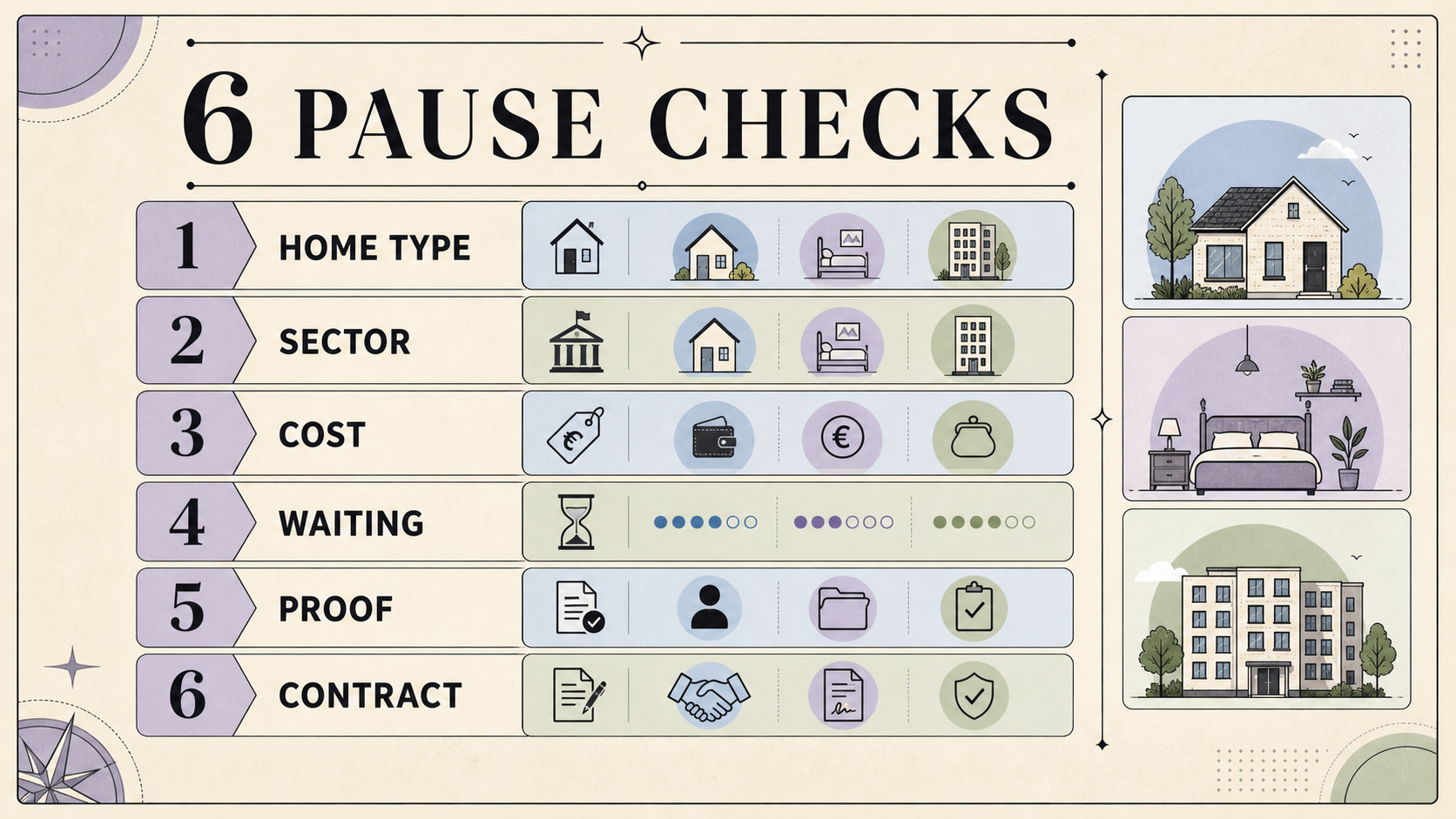 Six pause checks for home type, sector, cost, waiting, proof and contract