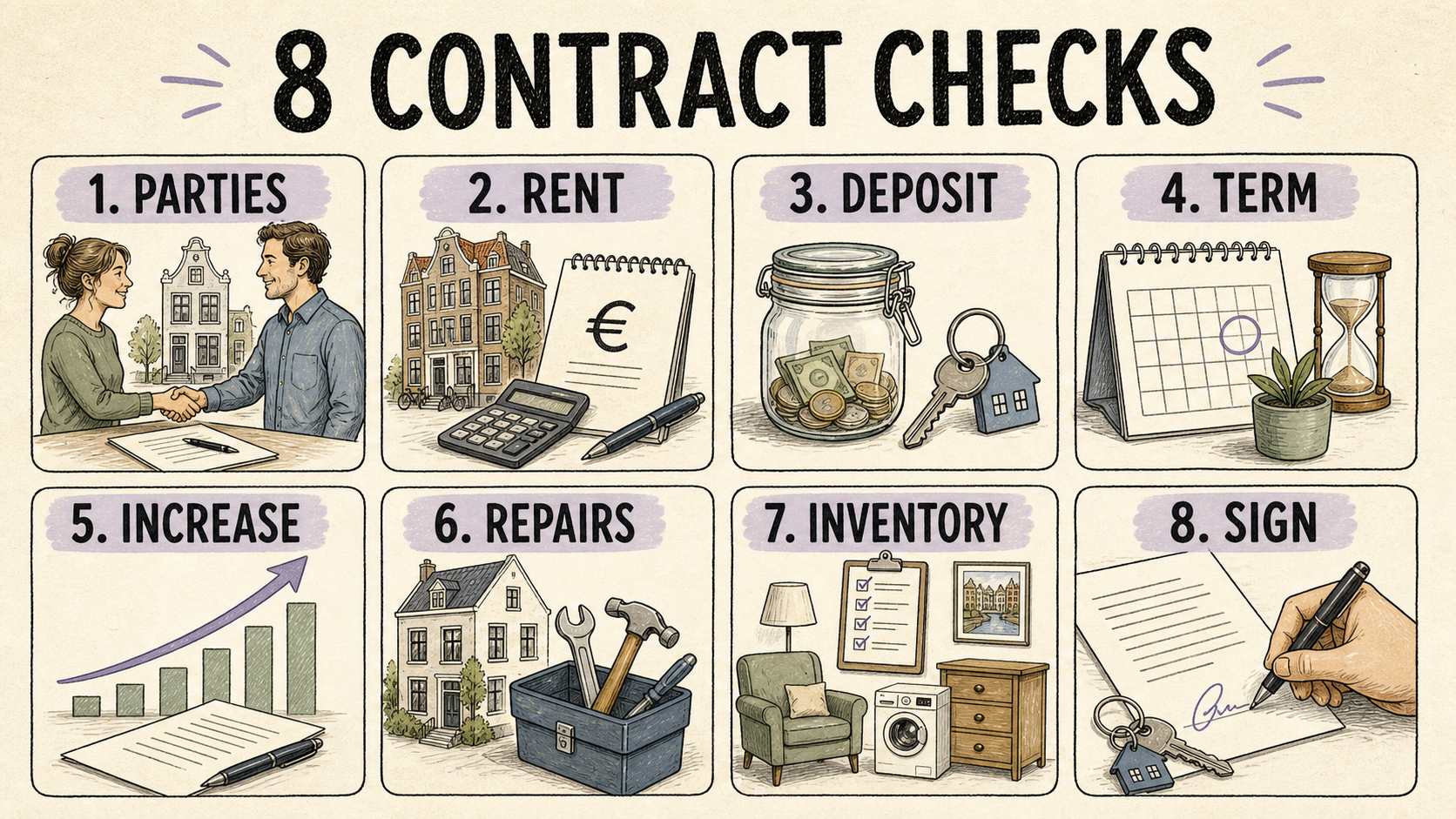 Eight rental-contract checks: parties, rent, deposit, term, increase, repairs, inventory and signing
