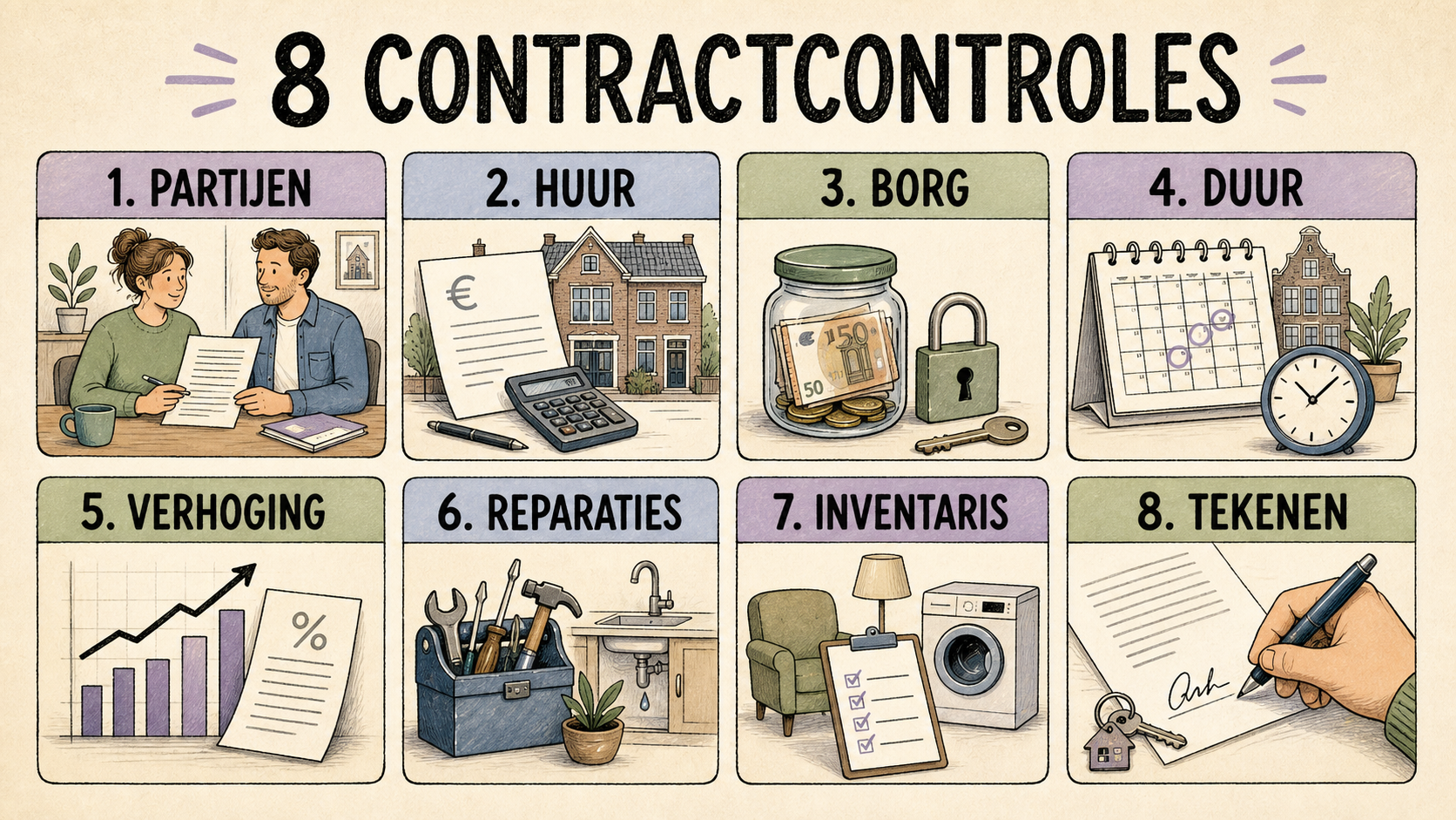 Acht contractcontroles: partijen, huur, borg, duur, verhoging, reparaties, inventaris en tekenen