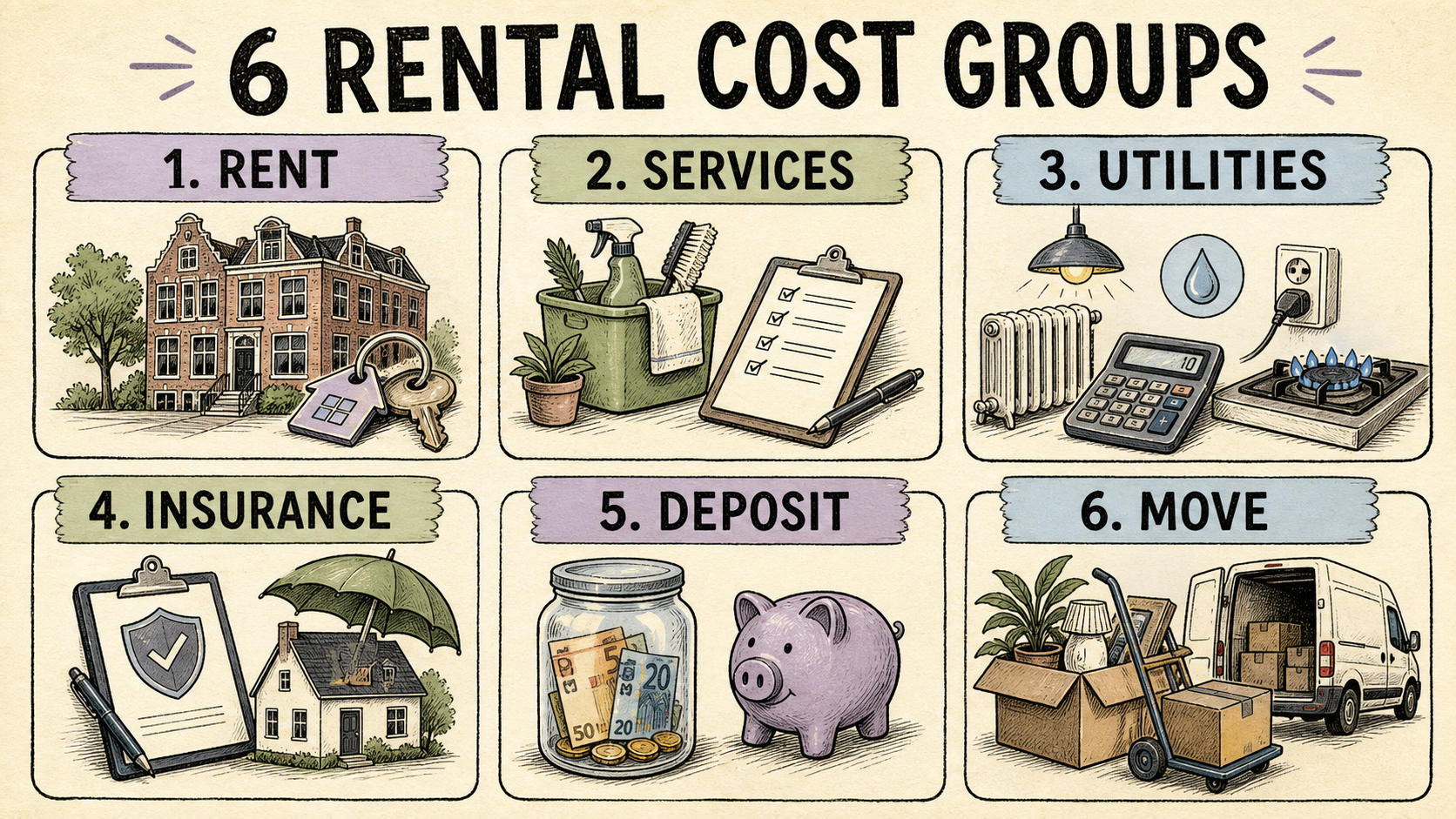 Six rental-cost groups: rent, services, utilities, insurance, deposit and moving