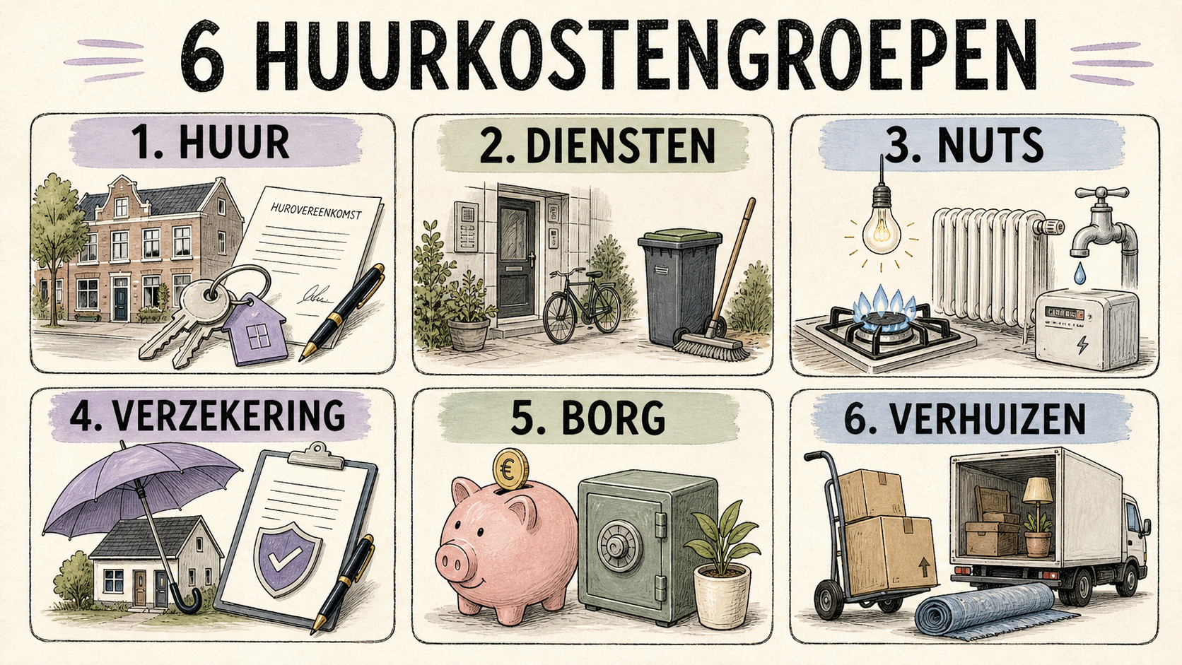 Zes groepen huurkosten: huur, diensten, nuts, verzekering, borg en verhuizen