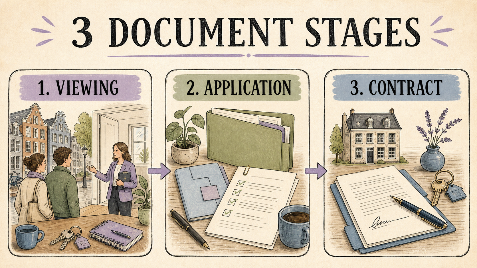 Three rental document stages: viewing, application and contract