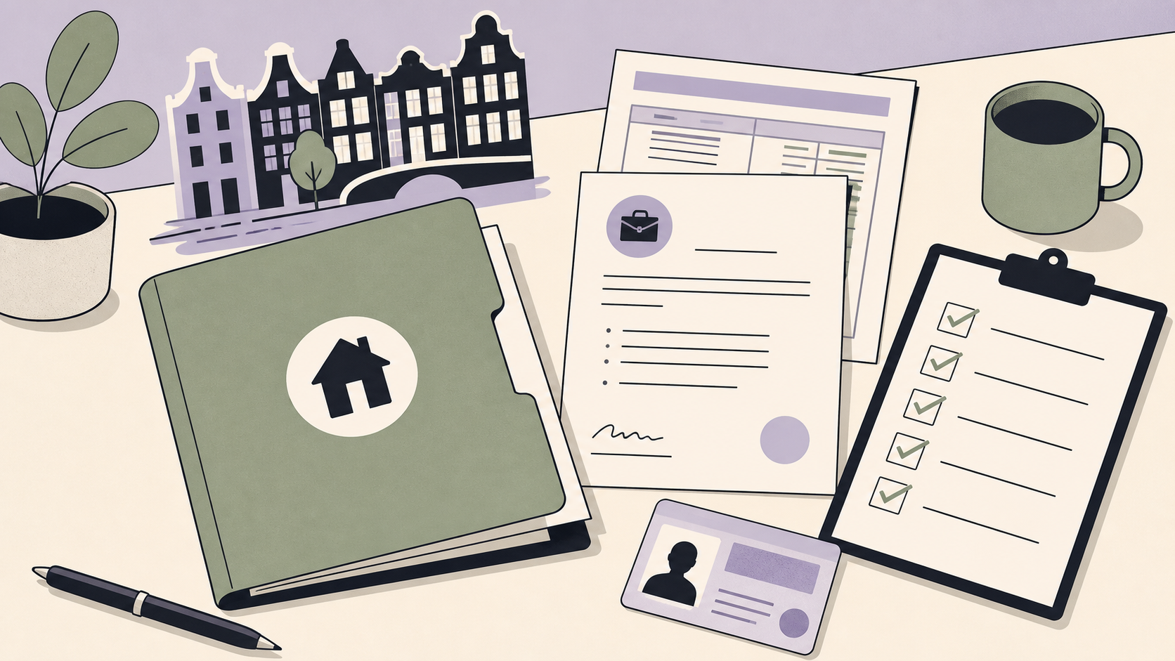 Redactionele illustratie van een dossier met huurdocumenten en identiteitscontroles