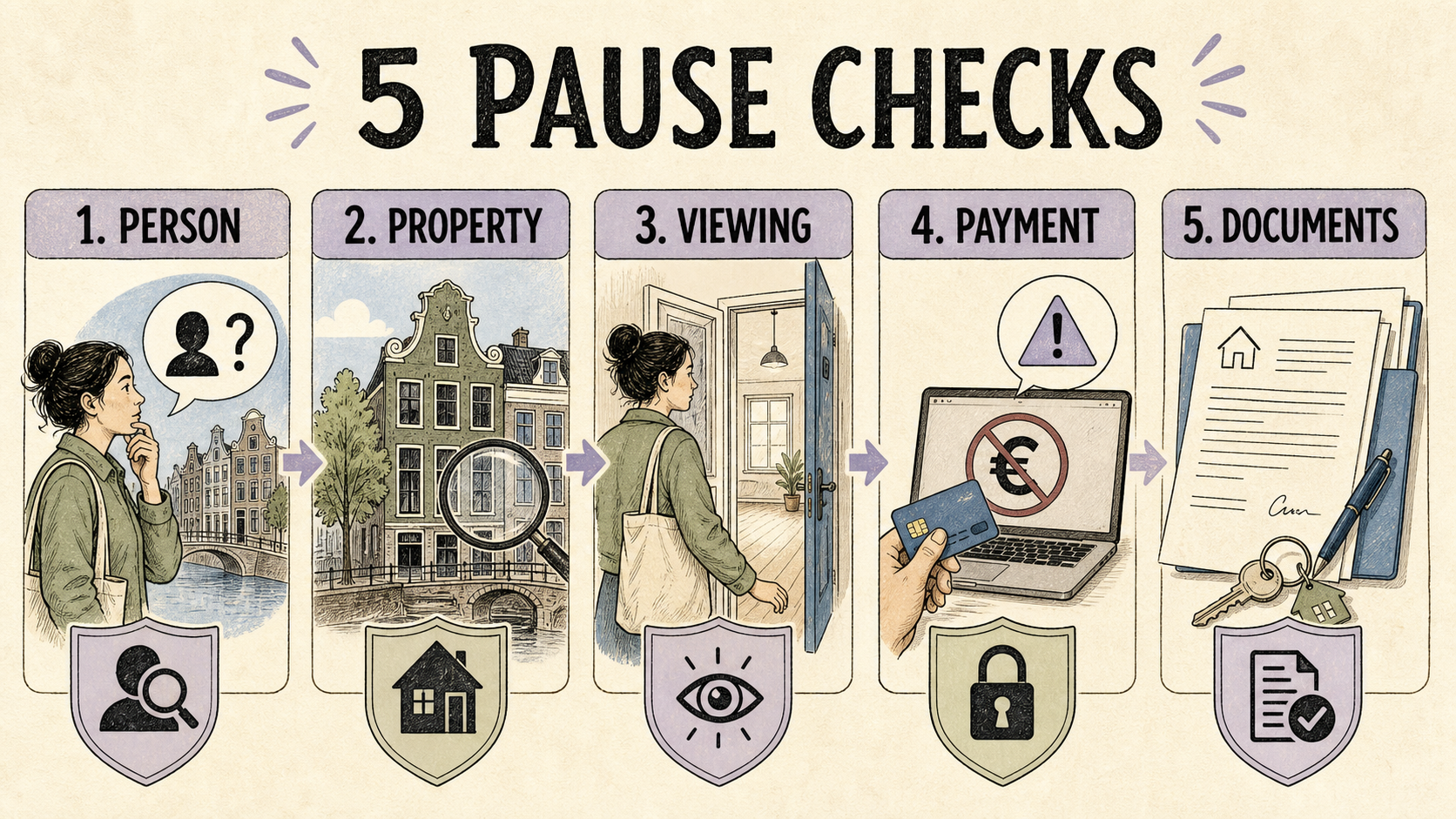 Five rental-scam pause checks: person, property, viewing, payment and documents
