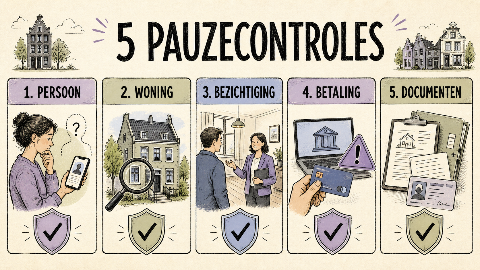 Vijf pauzecontroles tegen huurfraude: persoon, woning, bezichtiging, betaling en documenten