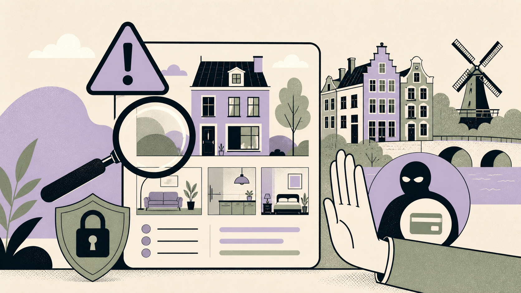 Illustratie van een huuradvertentie met waarschuwingssymbool, vergrootglas, slot en beschermende hand