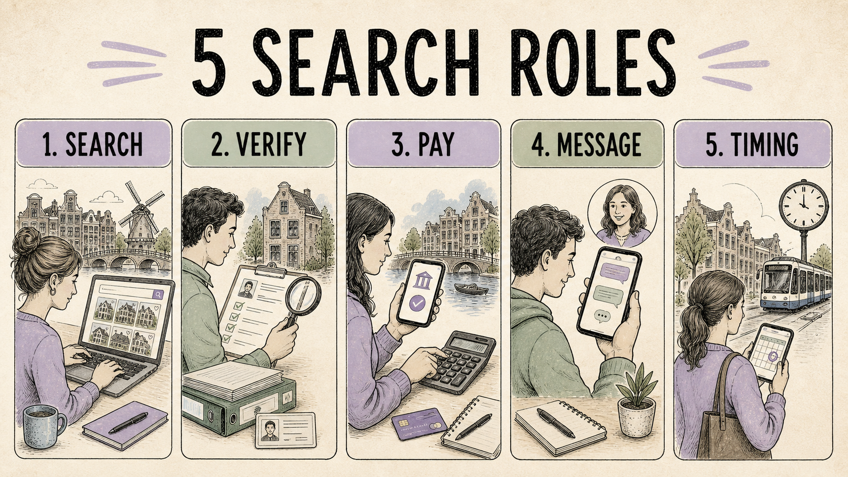Five rental-search roles: search, verify, pay, message and timing