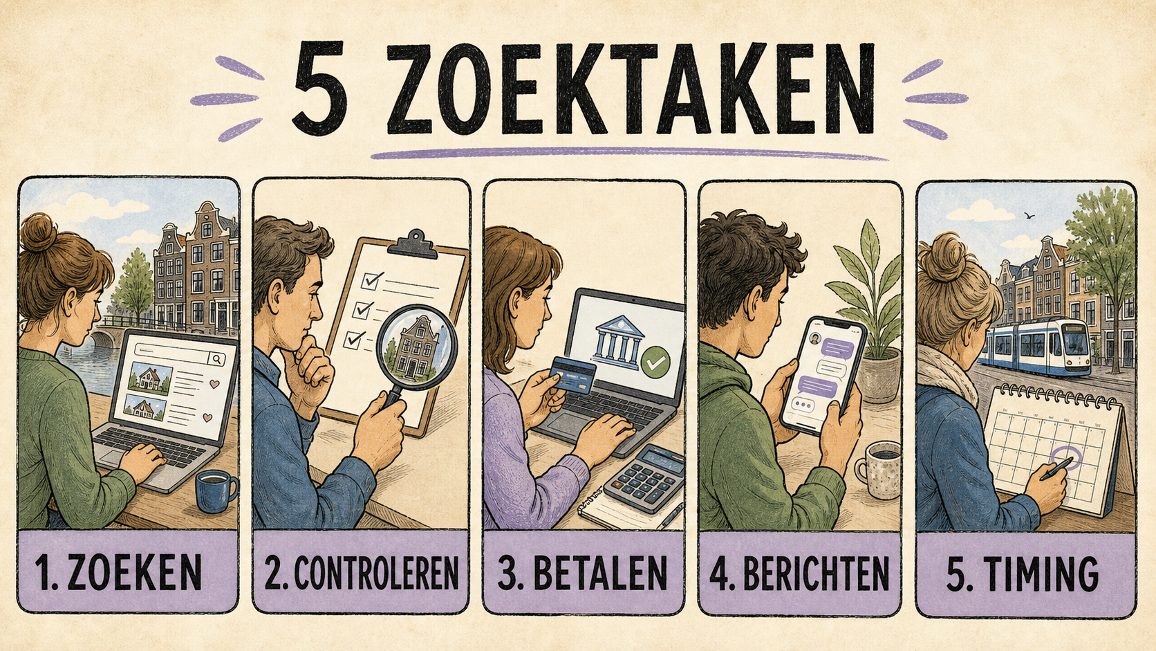 Vijf zoektaken: zoeken, controleren, betalen, berichten en timing