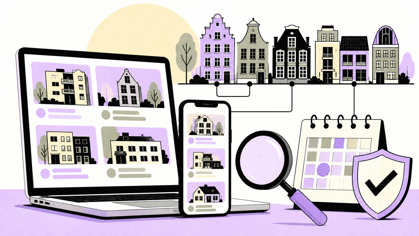 Redactionele illustratie van huuradvertenties op laptop en telefoon met vergrootglas, kalender en controleschild