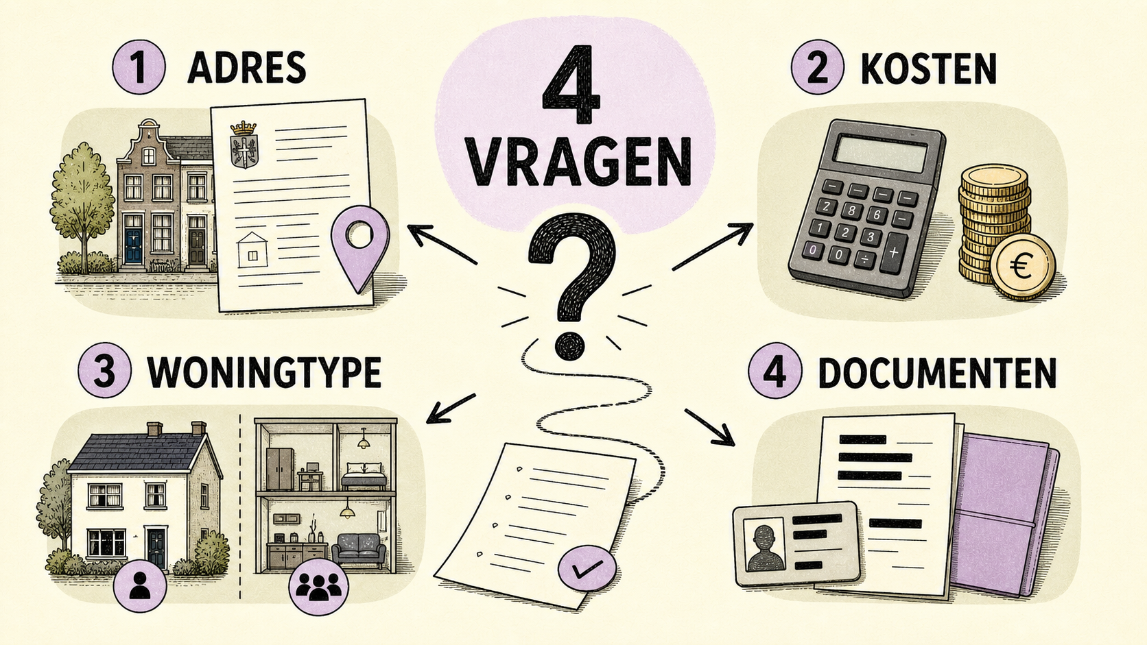 Vier huurvragen en het bewijs dat je controleert: inschrijving, geld, woningtype en documenten