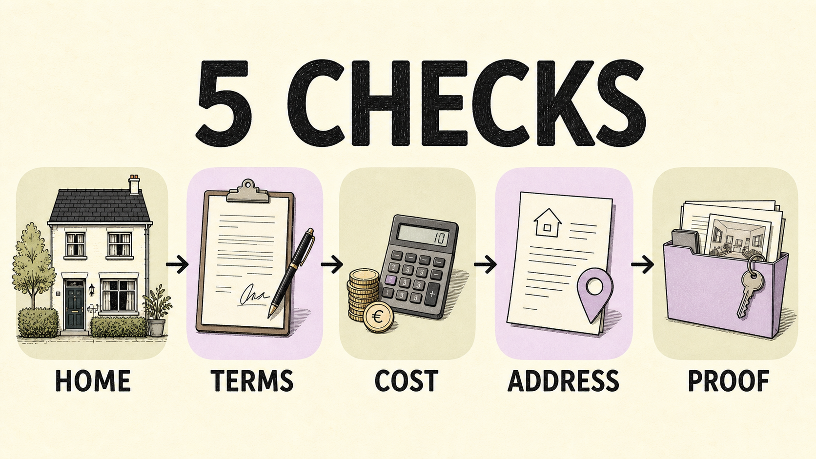 Five numbered rental checks: home, agreement, money, registration, and rights and proof