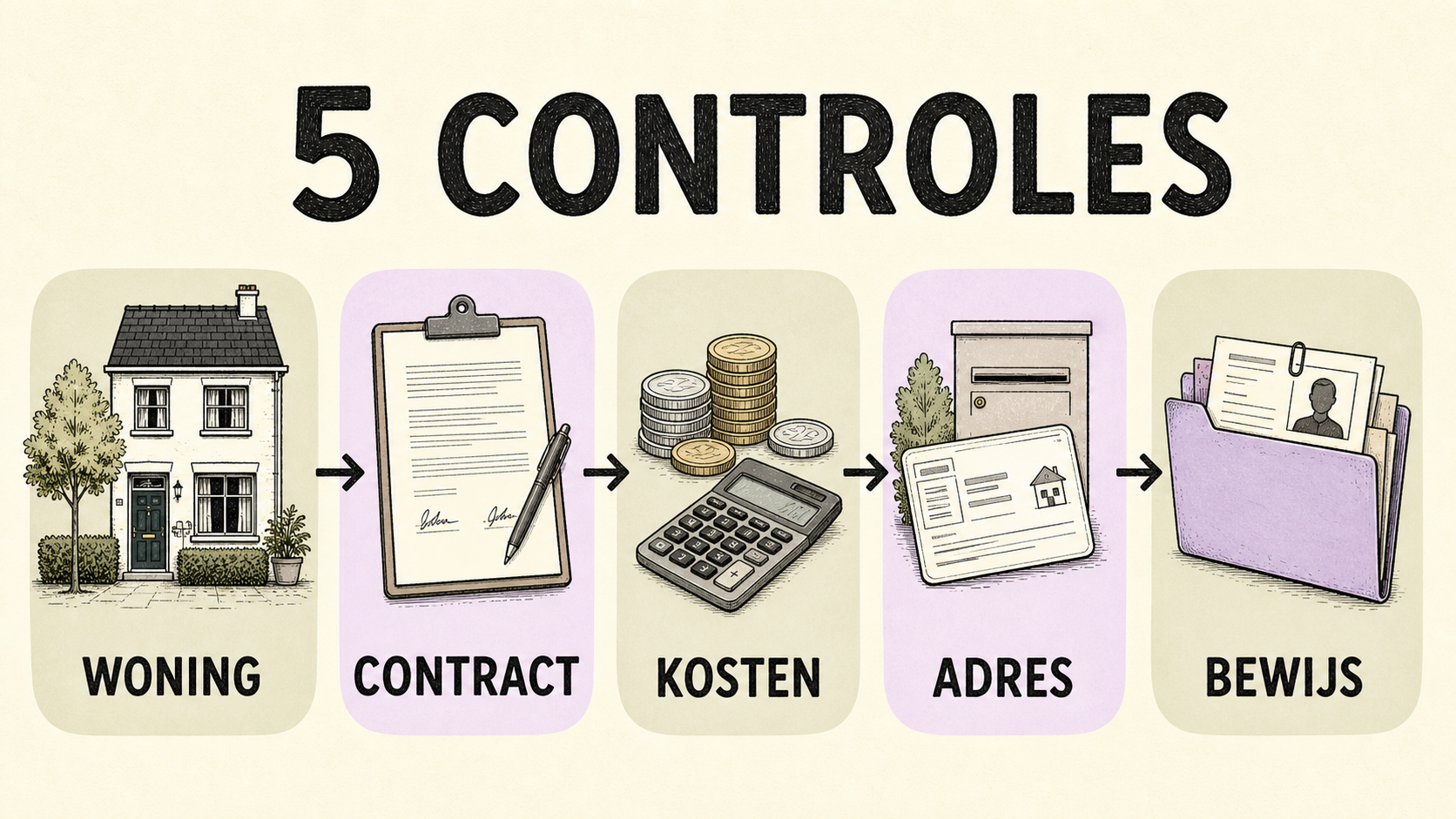 Vijf genummerde huurcontroles: woning, contract, geld, inschrijving en rechten en bewijs