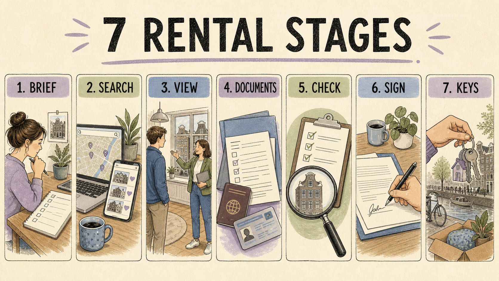 Seven rental stages: brief, search, viewing, documents, check, signing and keys
