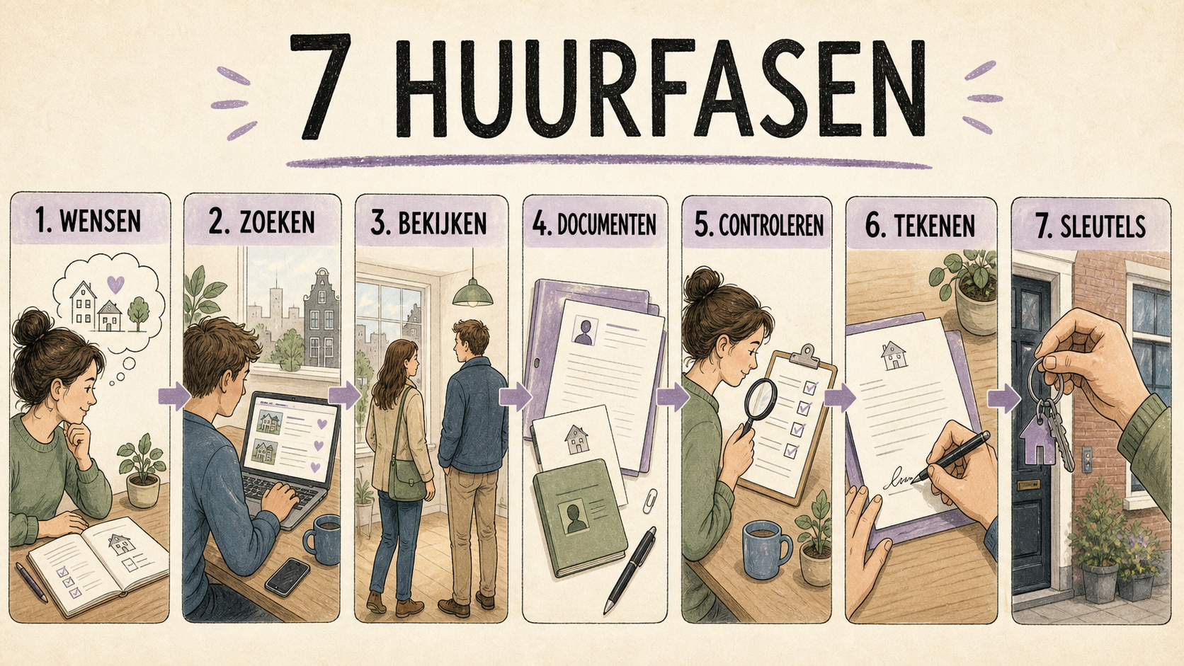 Zeven huurfases: wensen, zoeken, bekijken, documenten, controleren, tekenen en sleutels