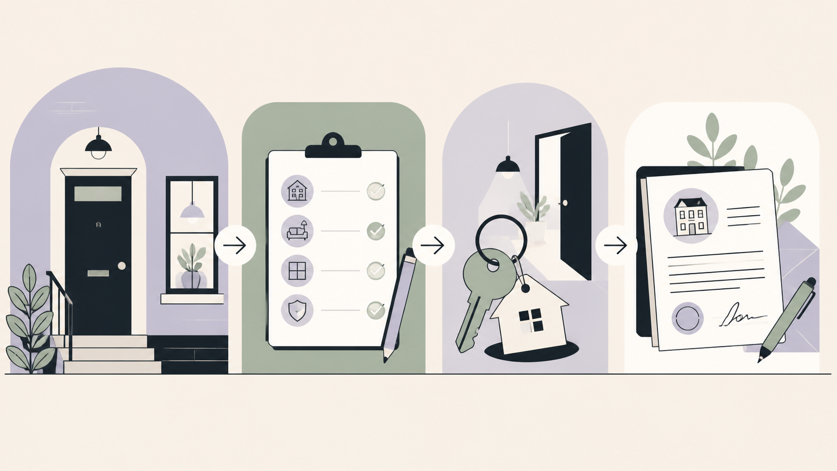 Redactionele illustratie van een huurzoektocht van advertentie naar woning
