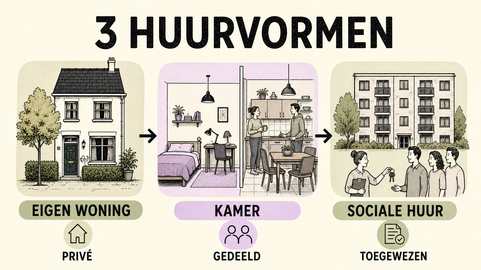 Drie huurvormen: zelfstandige woning, kamerhuur en sociale huur met hun belangrijkste controles