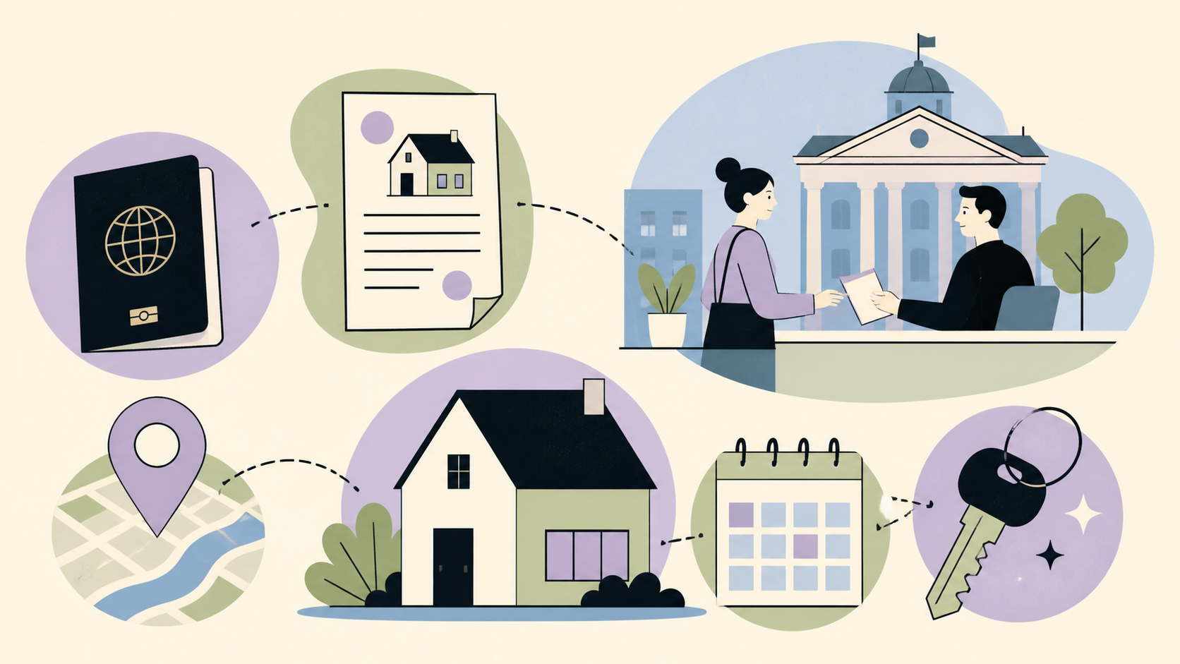 Redactionele illustratie van paspoort, Nederlands huurcontract, gemeentehuis en huissleutel voor een huurder die op een BSN wacht