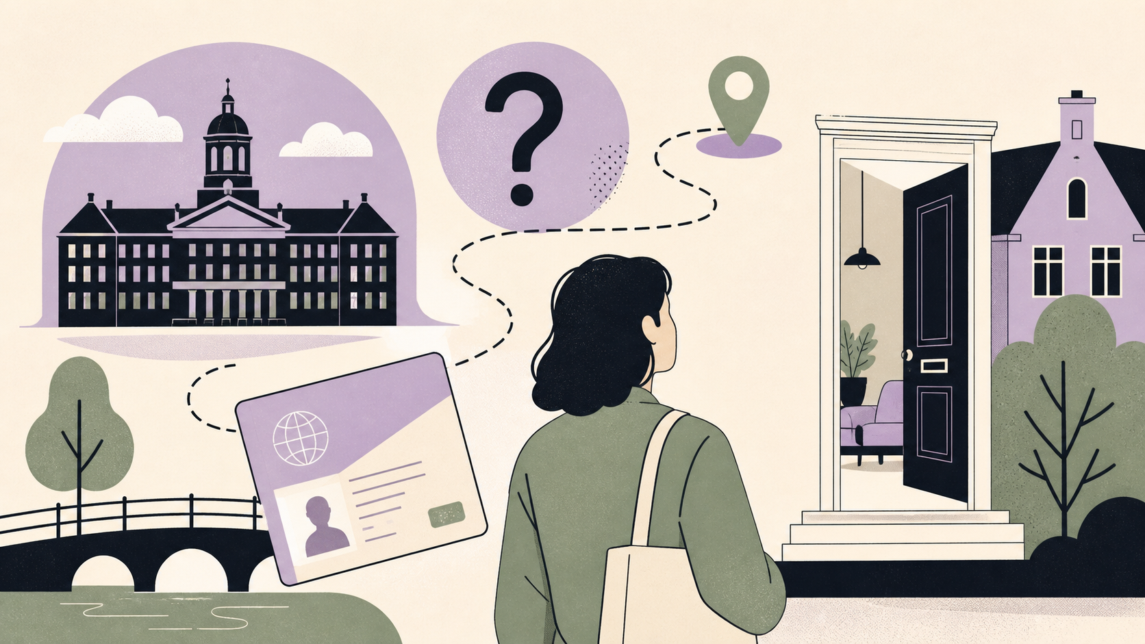 Illustratie van een pad tussen een gemeentegebouw, identiteitskaart en huurwoning