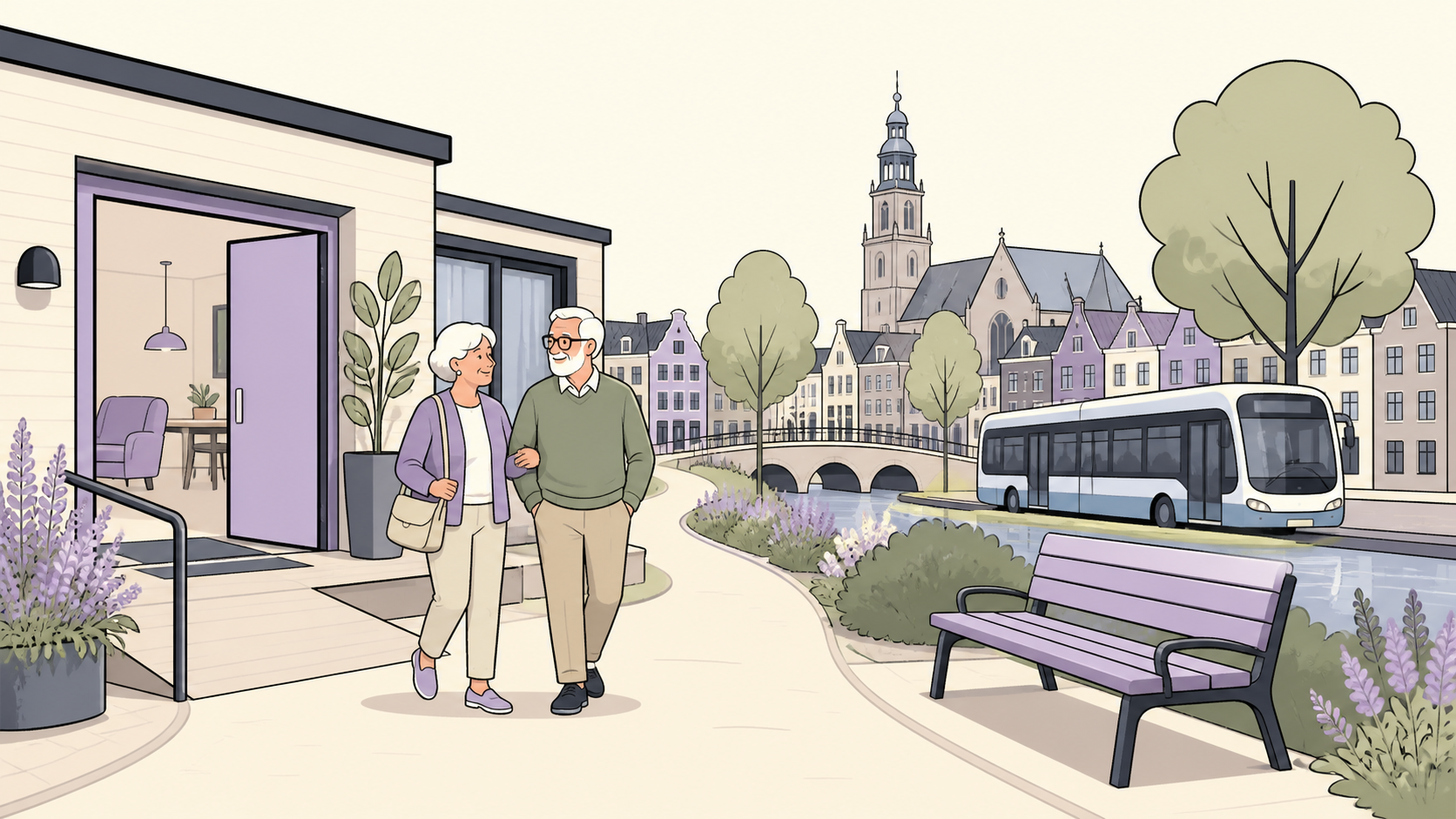 Redactionele illustratie van oudere huurders die van een toegankelijke Nederlandse woning naar een bus en stadsstraat lopen