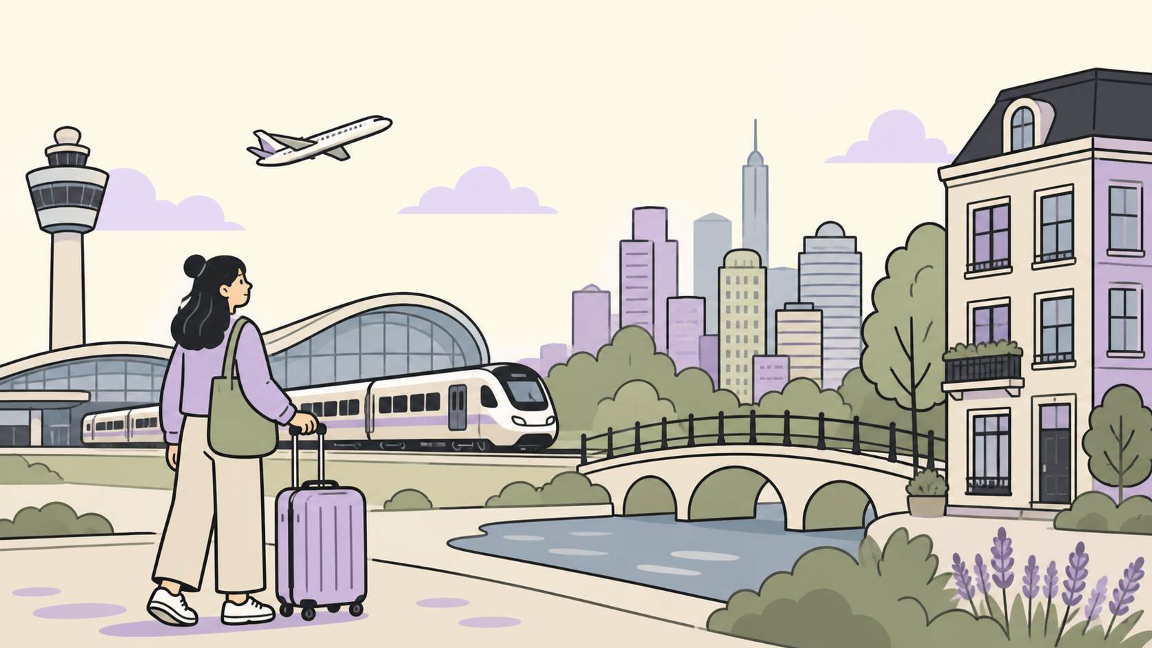 Redactionele illustratie van Schiphol Airport, een Nederlandse trein, een reiziger en huurwoningen