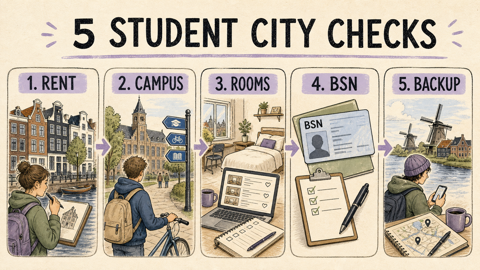 Five student-city checks: rent, campus, rooms, BSN and a backup search route