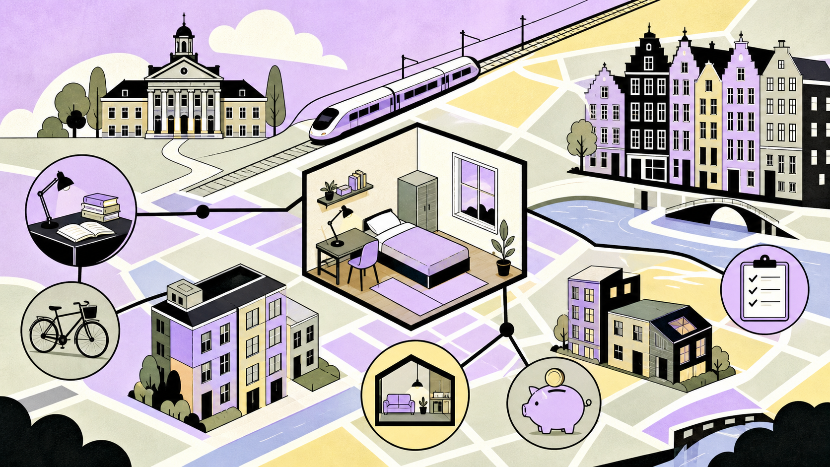 Redactionele illustratie van een studentenkamer die via trein, fiets en een huurchecklist met Nederlandse universiteitssteden is verbonden