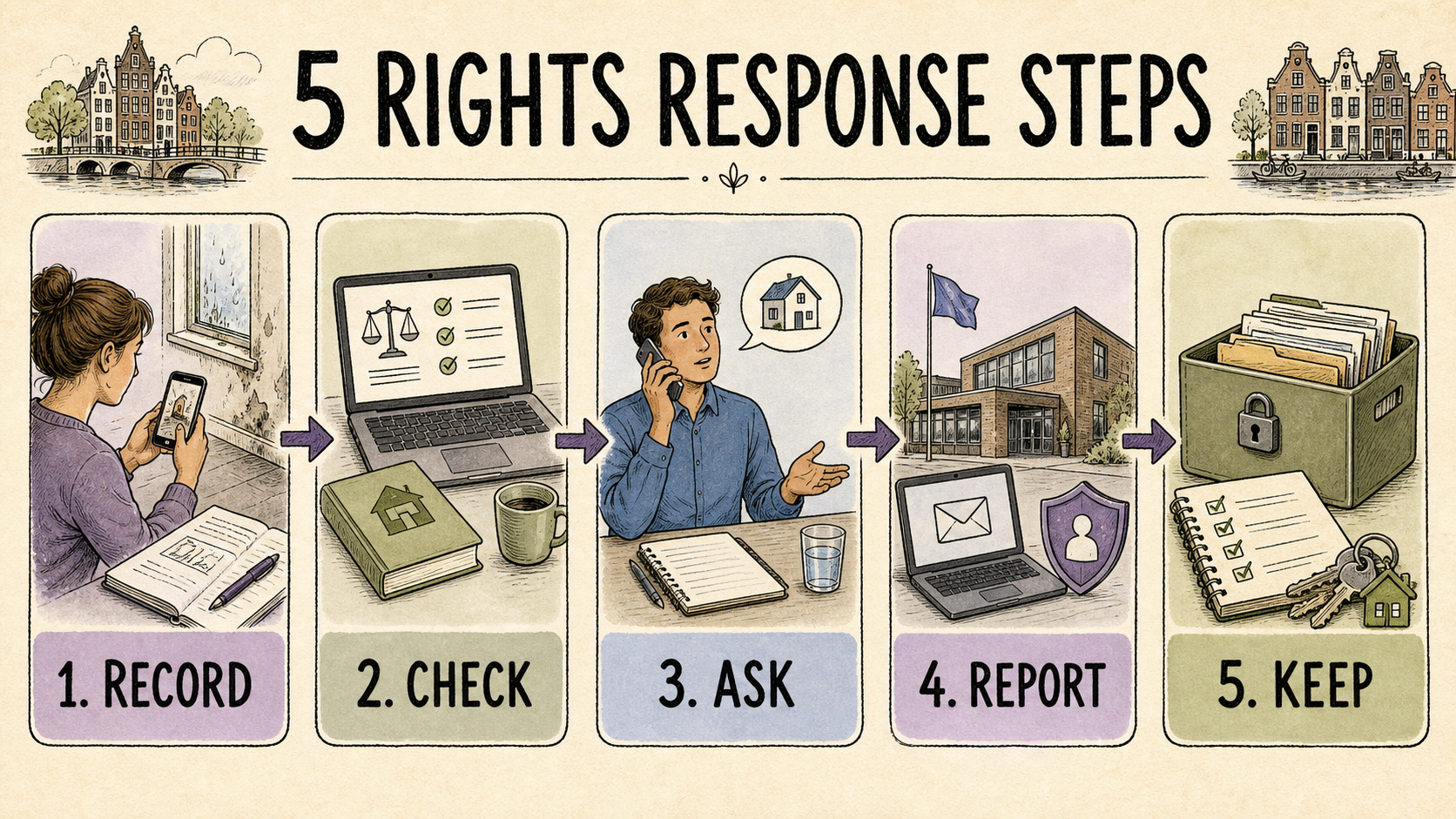 Five tenant-rights response steps: record, check, ask, report and keep