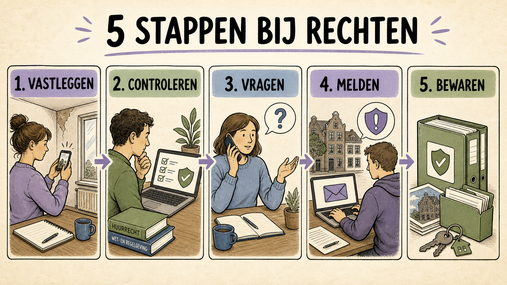 Vijf stappen bij huurdersrechten: vastleggen, controleren, vragen, melden en bewaren