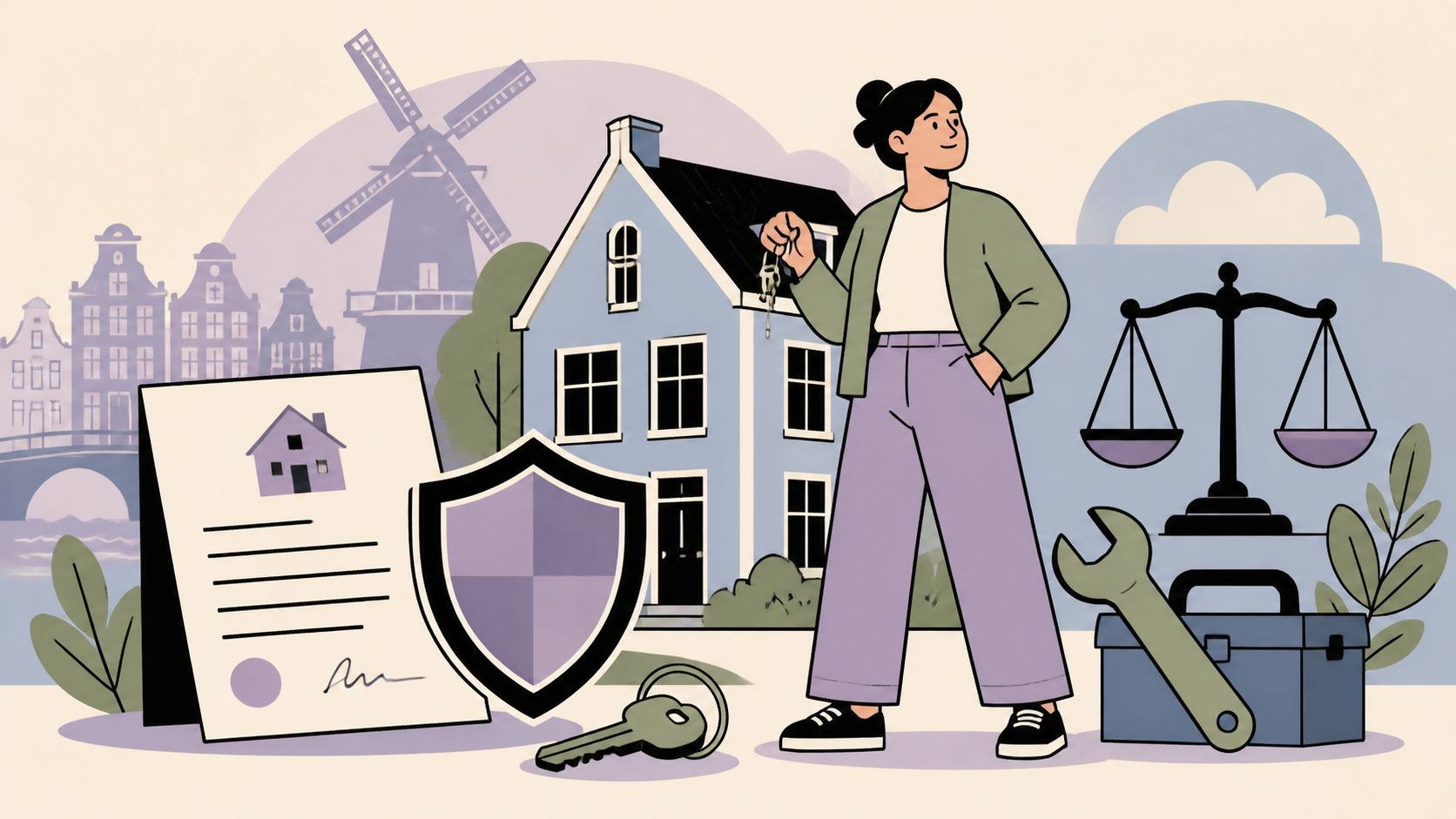 Redactionele illustratie van een huurder, Nederlandse woning, huurcontract, schild, gereedschap en sleutels